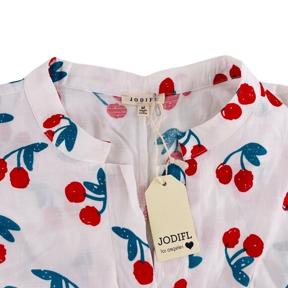 Jodifl Cherry Print Blouse Medium M White Red & Blue Short Sleeve Lightweight Wo - Picture 2 of 6